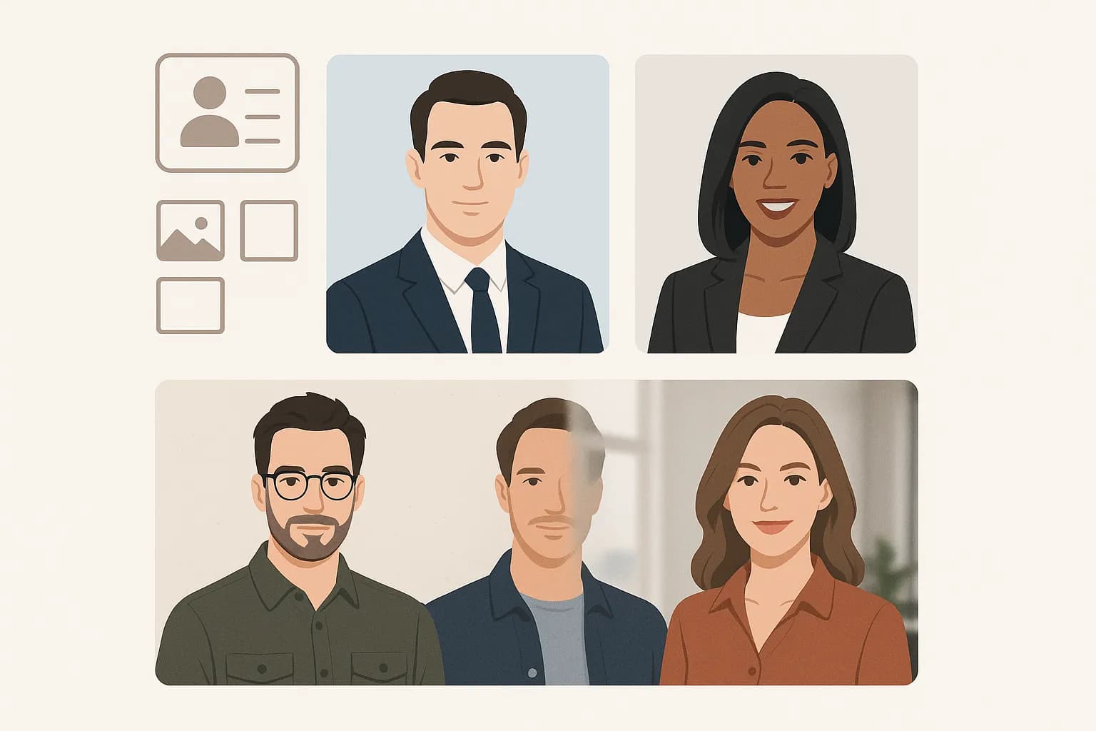 Various professional headshot styles and backgrounds