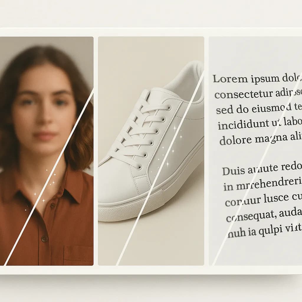 Various image types enhanced with unblur images tool including portraits and products