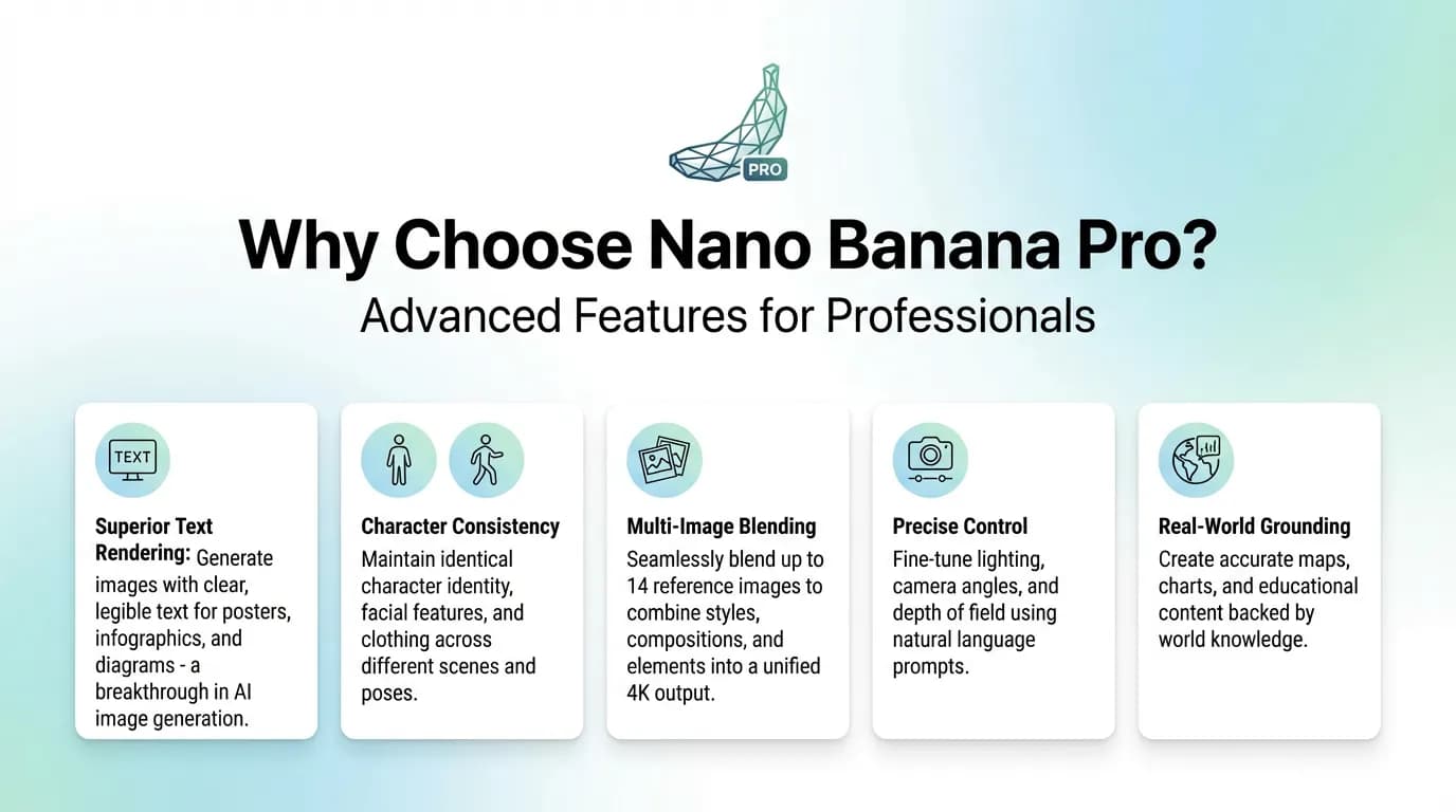 Nano Banana Pro features showing text rendering and character consistency